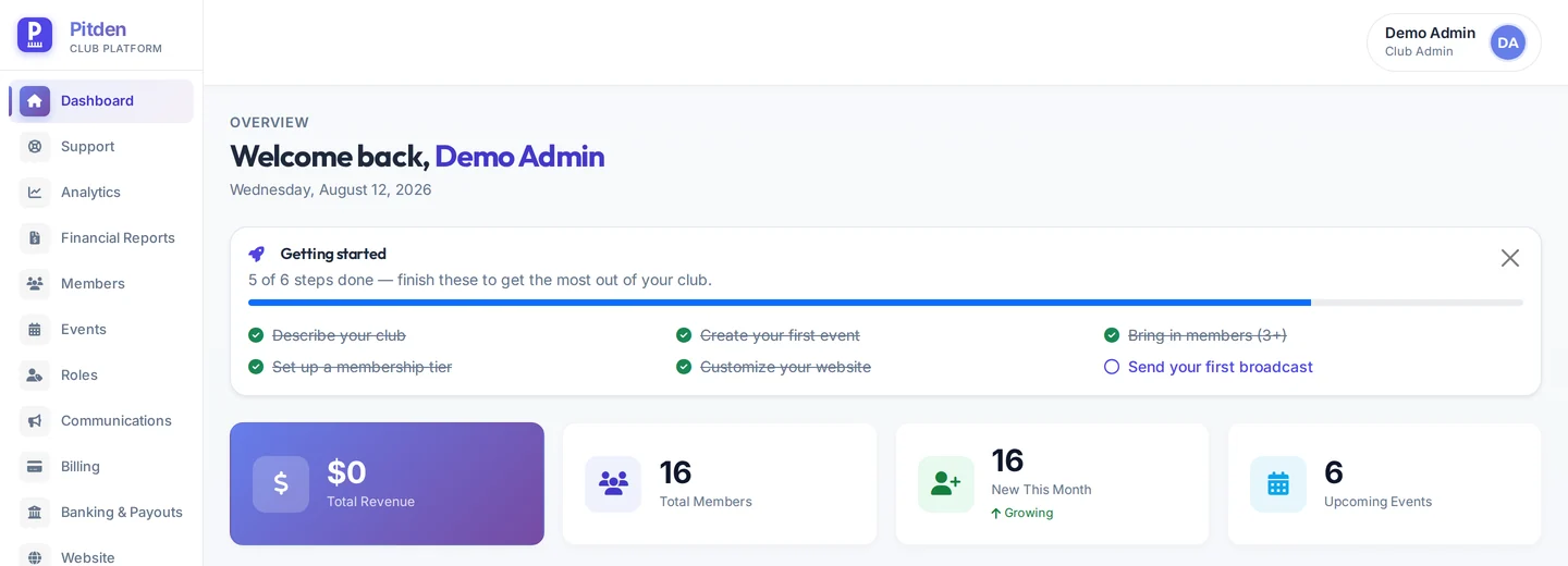 The Pitden club dashboard: members, upcoming events and quick actions.