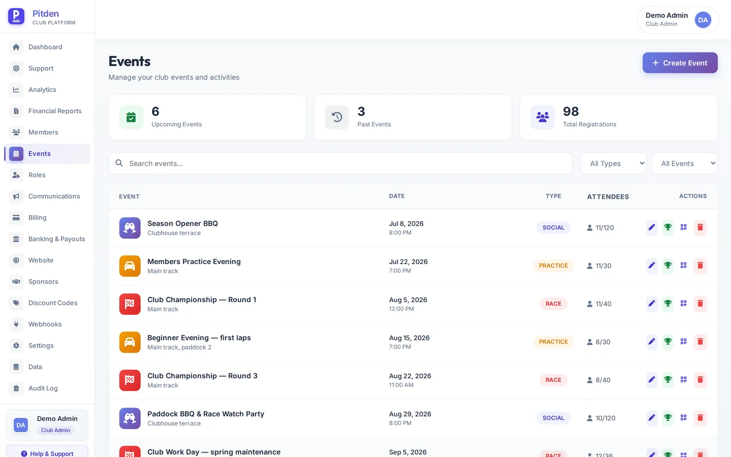 The events screen: a season of races, practice evenings and social events with attendee counts.